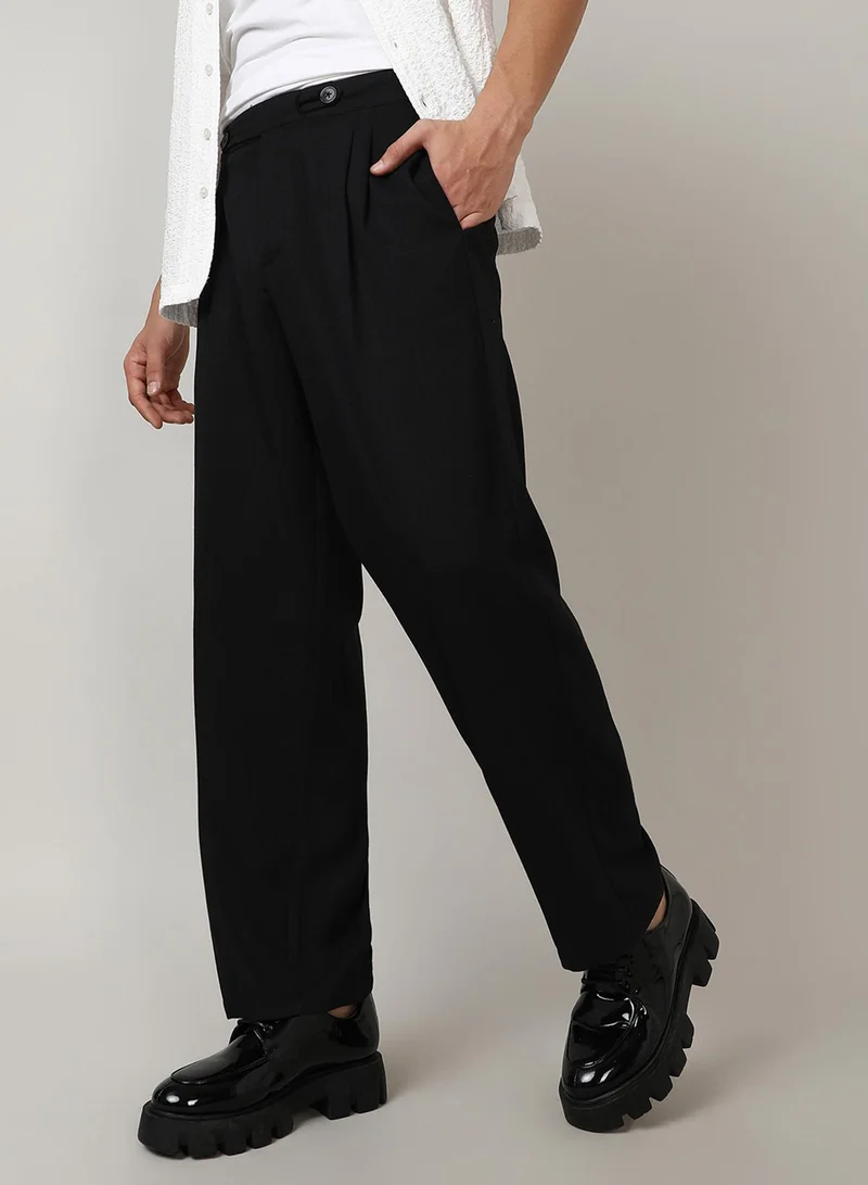 Men's Onyx Black Solid Tailored Trousers For Casual Wear | 4 Pockets | Mid-Rise | Button Closure | Trousers Crafted With Comfort Fit For Everyday Wear